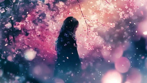Girl wandering under dreamy pink cherry blossom glow.