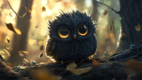 Adorable Fluffy Owl with Big Eyes in Enchanted Forest, Digital Art.