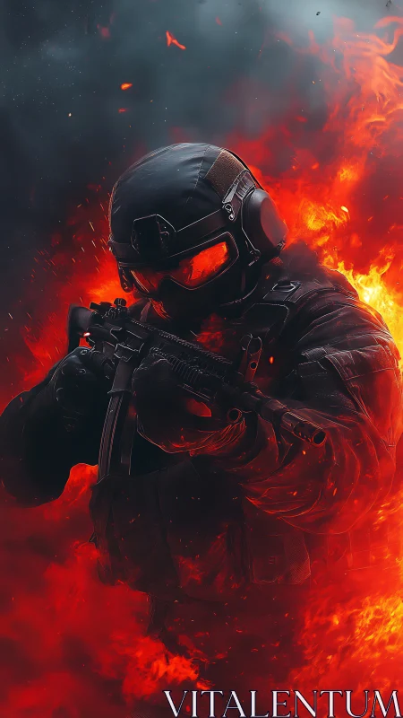 Tactical operator in incendiary combat vortex, high detail.