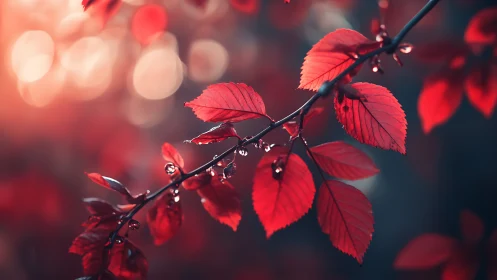 Crimson leaves lean into twilight, catching tiny glass raindrops