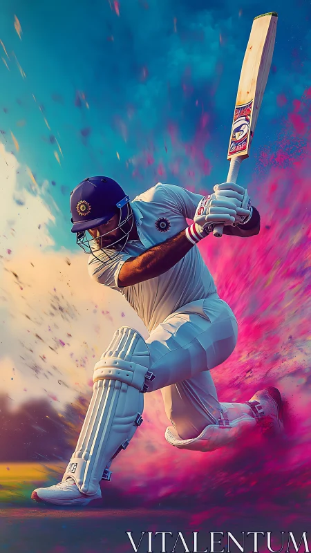 Dynamic cricket batsman amid vibrant color explosion.