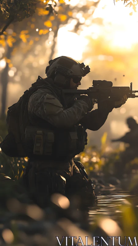 Tactical operator in golden-hour riverine overwatch posture.