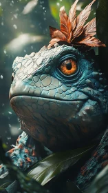 Majestic blue jungle toad with ember-hued crown feathers.