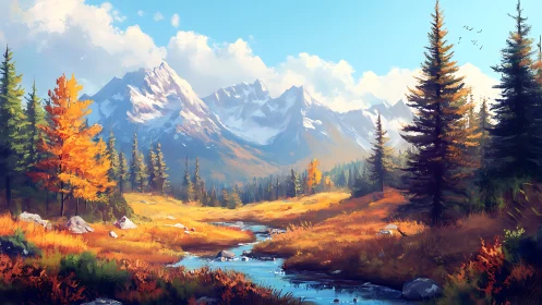 Mountain valley stream with conifer forest in autumn light.