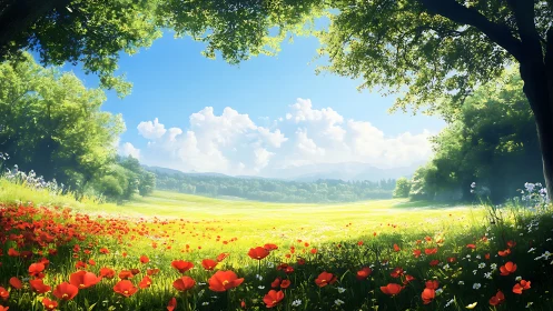 Sunny wildflower meadow opening into a peaceful valley.