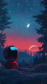 Robot figure observes alien sunset under star-filled sky