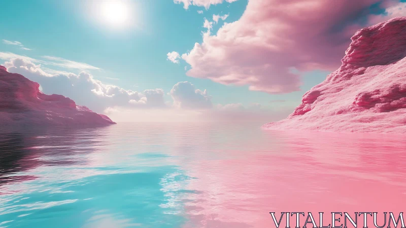 Cotton candy cliffs embrace a pastel ocean under dreaming sun.