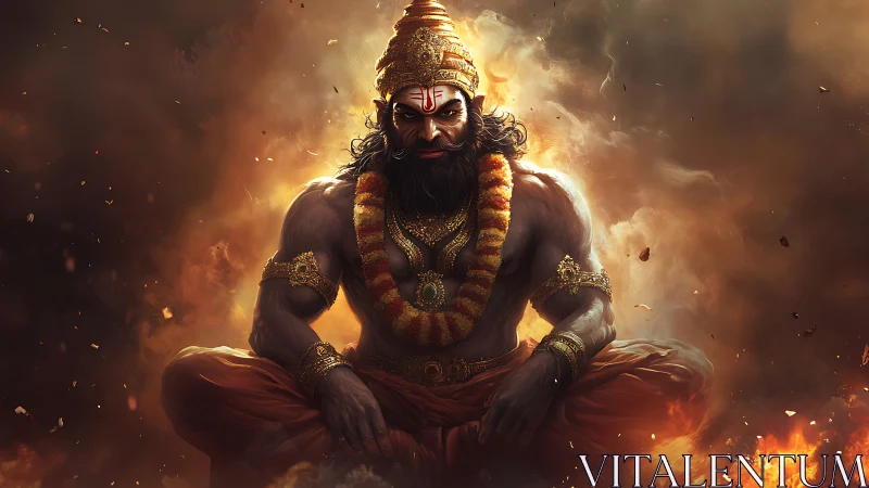 Fiery warrior deity meditates in swirling divine flames.