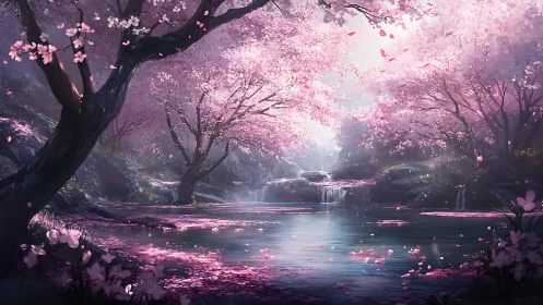 Serene cherry blossom valley with still pond and falls.