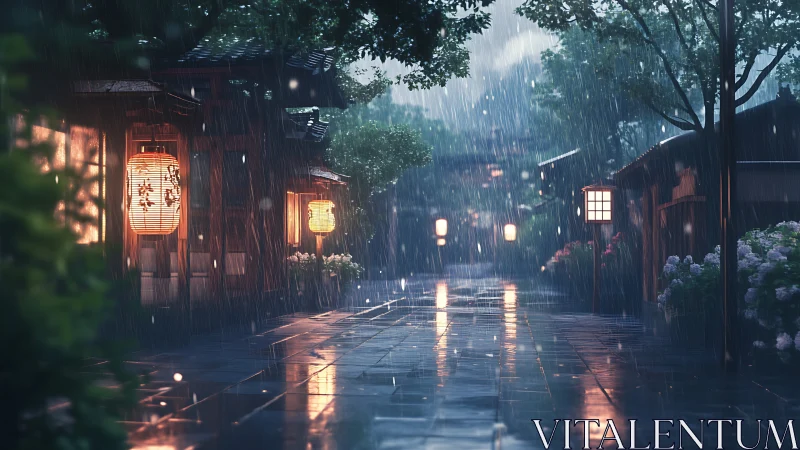 Rainy lantern street glowing with calm evening warmth.