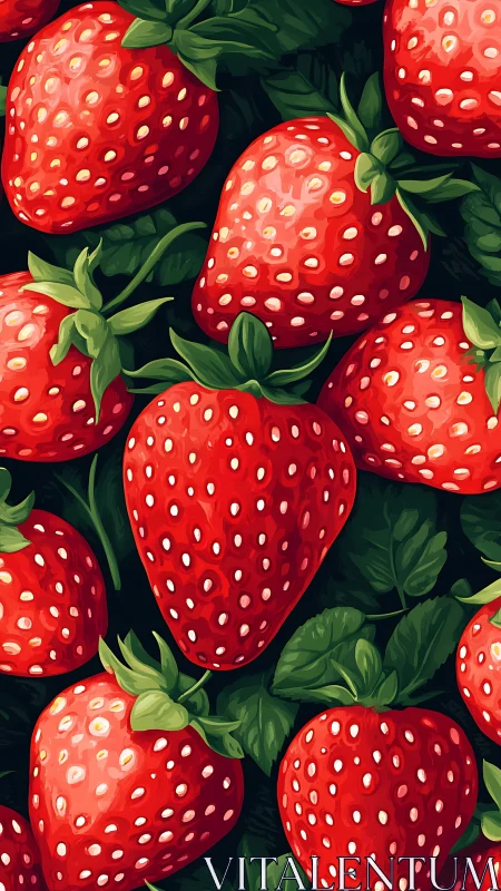 Ripe digital strawberries shine against lush green leaves.