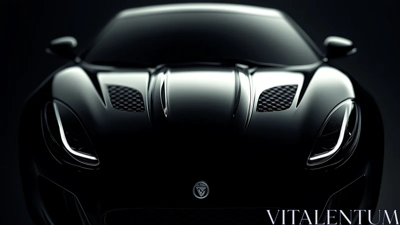 Low-key frontal study of glossy black performance coupé surface.