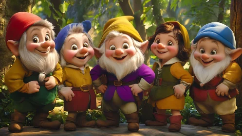 Smiling forest gnomes pose together under soft sunlight