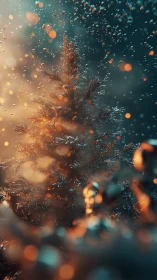 Fir tree silhouette with bokeh particles in misty light.