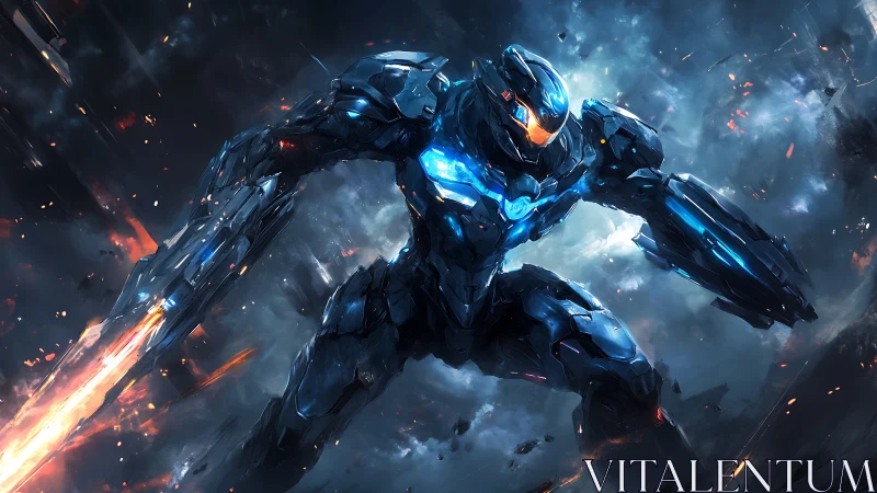 Heroic armored mech strides through a blazing cosmic battlefield