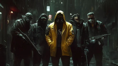 Masked urban group in rainy neon alley at night. Period.