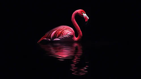 Crimson flamingo glides through black water with neon sheen.