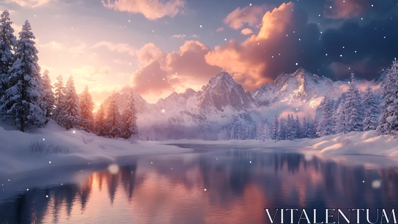 Radiant alpine winter lake with volumetric dusk illumination.