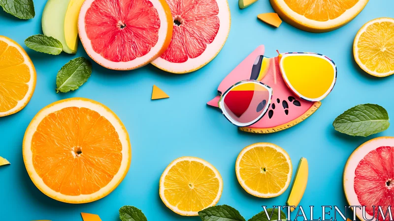 Playful citrus slices and sunny shades on bright blue.