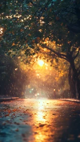 Golden rainlit street glows softly beneath autumn trees