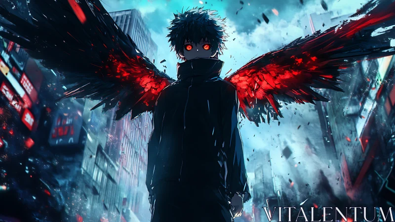Dark winged anime figure over ruined neon cityscape.