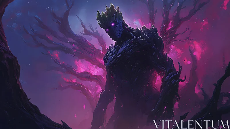 Digital painting of cosmic arboreal titan in neon voidscape.