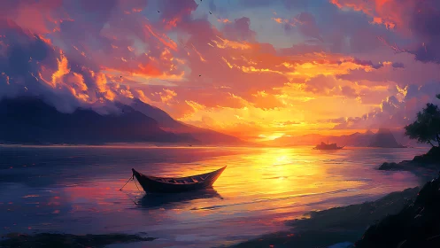 Lone boat beneath blazing sunset over tranquil bay.