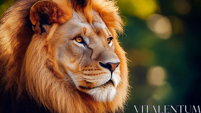 Male lion profile with detailed mane in soft focus setting.