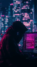 Hooded programmer at neon city window using computer screen.