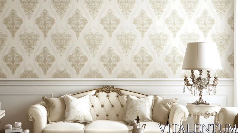 Classic cream living room showcases ornate damask wallpaper design