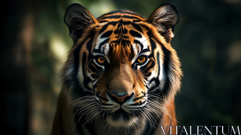 Intense tiger portrait stares forward in dramatic forest light.