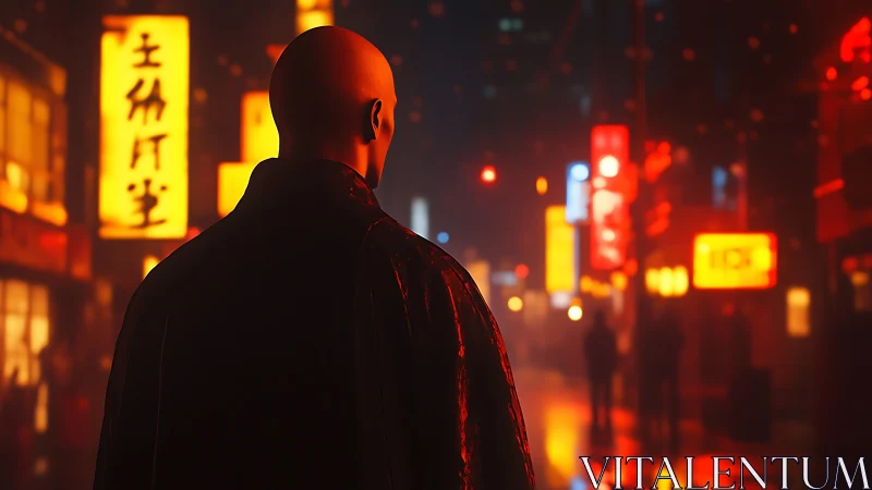 Lone figure in neon soaked alley under glowing kanji signs.