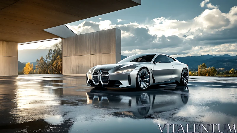 Silver concept coupe in minimal concrete pavilion setting.