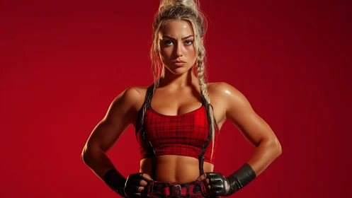 Crimson Warrior: Bold Athletic Portrait Against Scarlet Backdrop