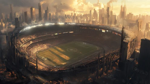 Ruined football stadium in dense dystopian megacity.
