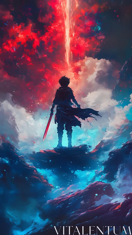 Digital painting of lone warrior under celestial energy rift.