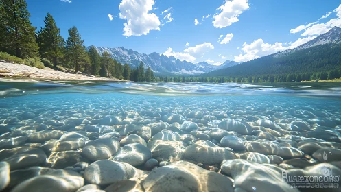 Underwater stones and alpine lake horizon in split view.