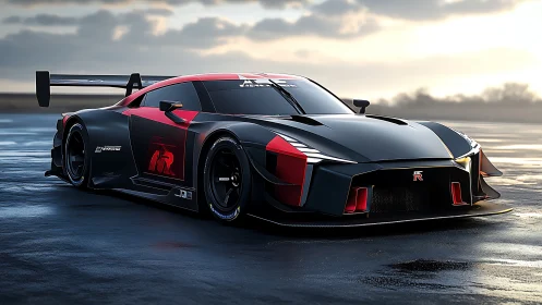 Aggressive black red GT race car on wet track at sunrise.