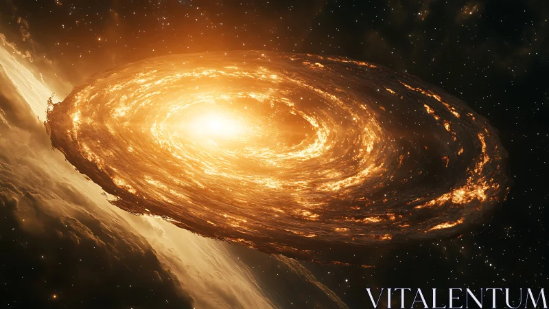 Blazing galactic vortex swirls above clouded planetary horizon