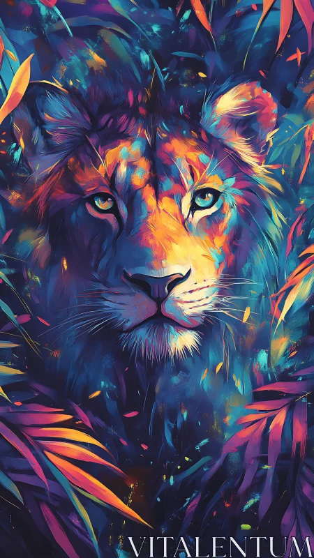 Neon jungle lion glowing with quiet, electric courage.