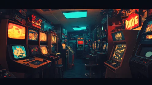 Neon-lit retro arcade corridor glows with nostalgic energy