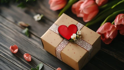 Gift box with heart detail among pink tulips on wood surface.