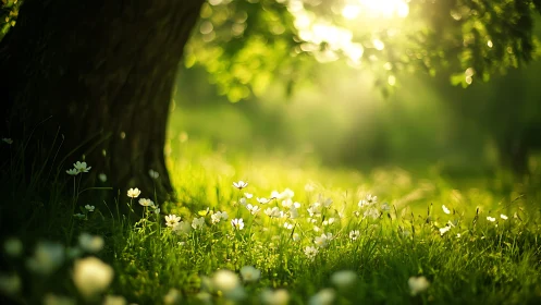 Sunlit meadow glows beneath tree with delicate white flowers.