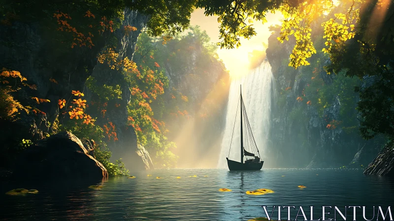 Solitary sailboat drifts toward sunlit jungle waterfall gorge