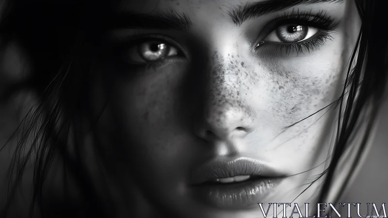 Monochrome freckled portrait with intense reflective gaze.