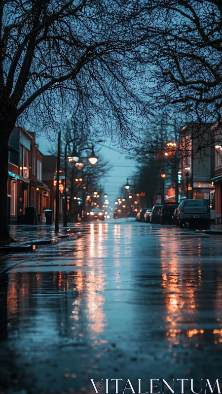 Wet city street quietly mirrors dusk’s scattered amber lights