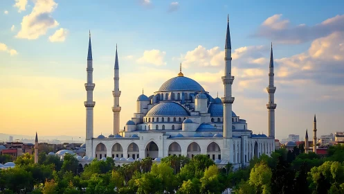 Skyline domes and slender minarets catching sunset hush.