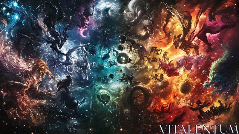Celestial beasts clash across swirling elemental cosmos.