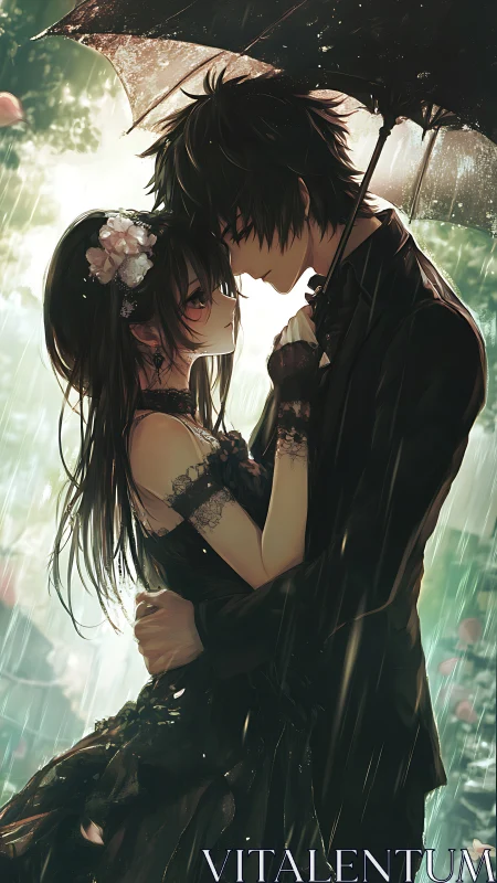 Romantic anime couple under umbrella in dramatic rainlight.