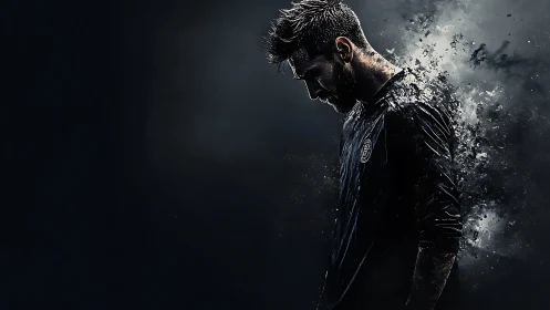 Digital portrait of dissolving footballer in dark space.